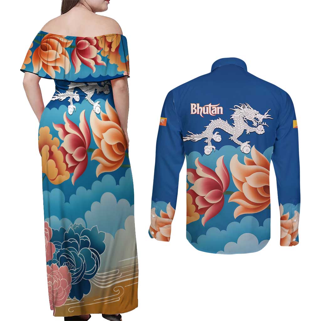 Bhutan Lotus Blossom Couples Matching Off Shoulder Maxi Dress and Long Sleeve Button Shirt with White Dragon and Sacred Cloud Harmony