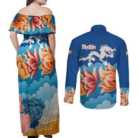Bhutan Lotus Blossom Couples Matching Off Shoulder Maxi Dress and Long Sleeve Button Shirt with White Dragon and Sacred Cloud Harmony