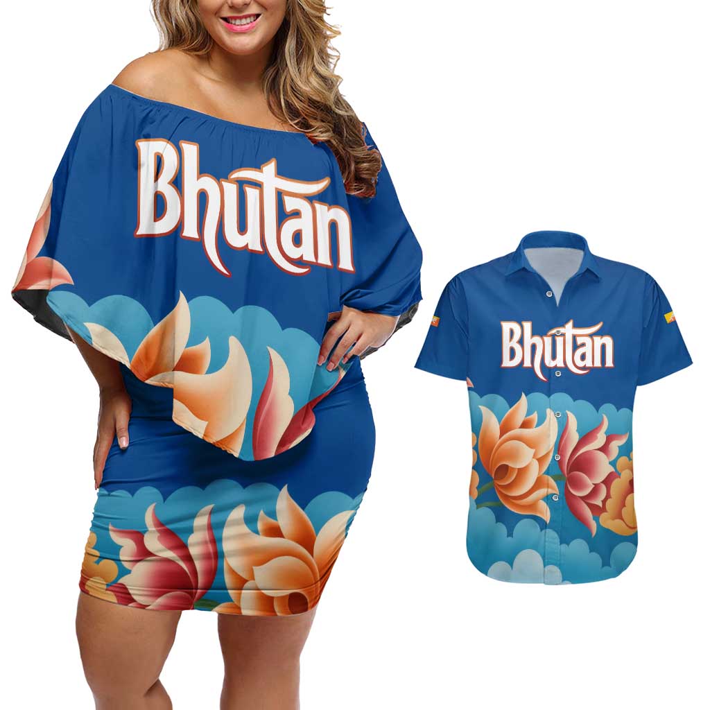 Bhutan Lotus Blossom Couples Matching Off Shoulder Short Dress and Hawaiian Shirt with White Dragon and Sacred Cloud Harmony