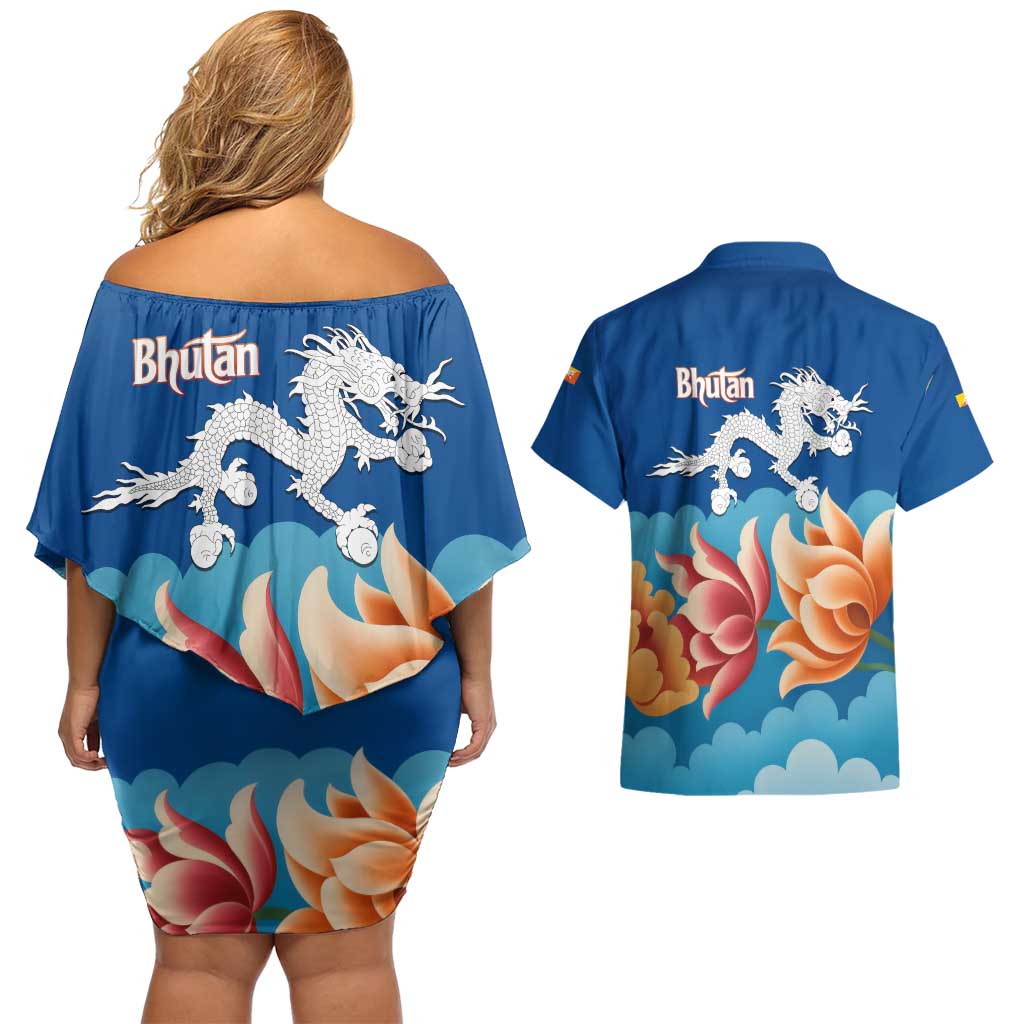 Bhutan Lotus Blossom Couples Matching Off Shoulder Short Dress and Hawaiian Shirt with White Dragon and Sacred Cloud Harmony