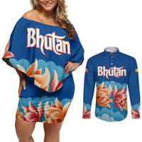 Bhutan Lotus Blossom Couples Matching Off Shoulder Short Dress and Long Sleeve Button Shirt with White Dragon and Sacred Cloud Harmony