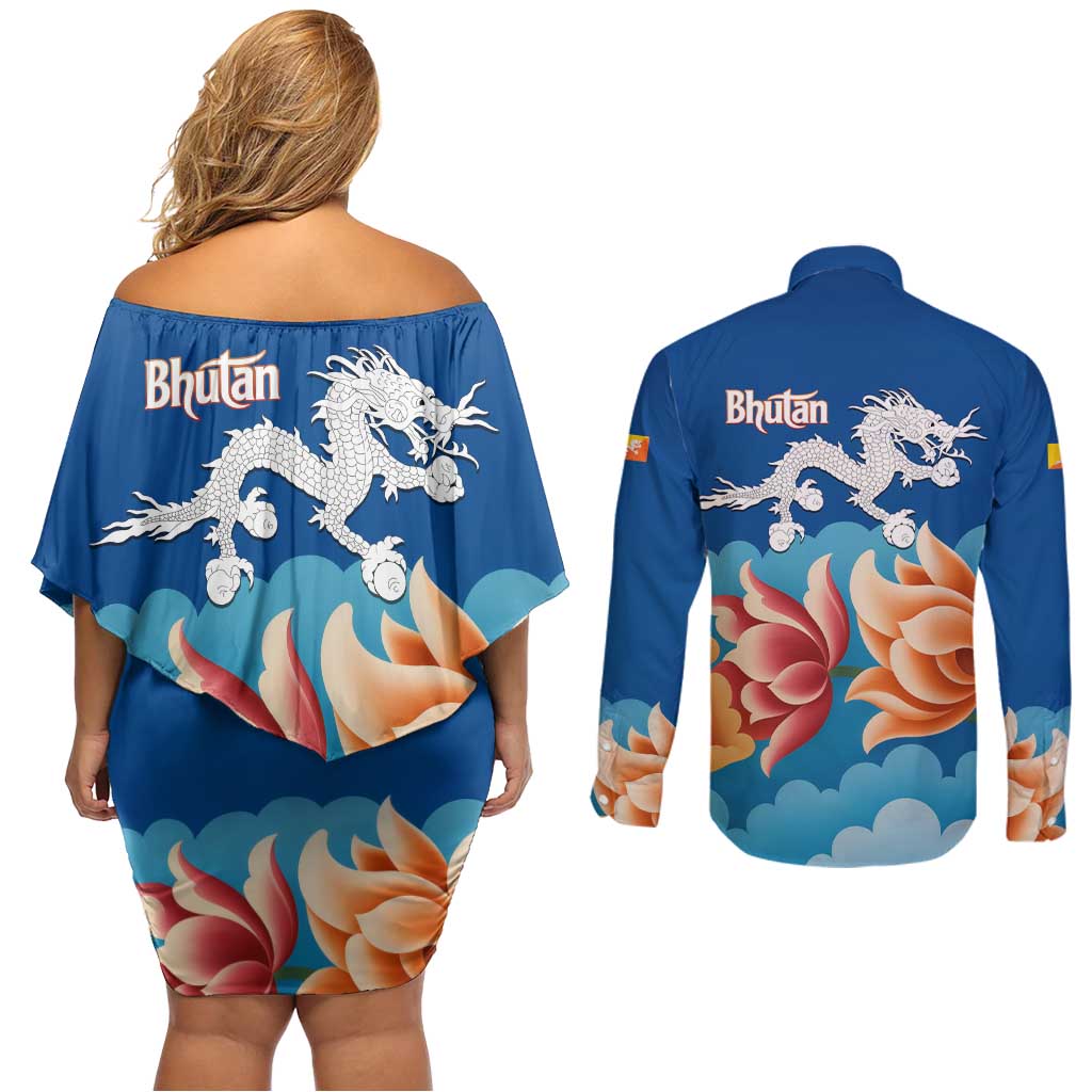 Bhutan Lotus Blossom Couples Matching Off Shoulder Short Dress and Long Sleeve Button Shirt with White Dragon and Sacred Cloud Harmony