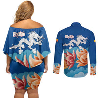 Bhutan Lotus Blossom Couples Matching Off Shoulder Short Dress and Long Sleeve Button Shirt with White Dragon and Sacred Cloud Harmony