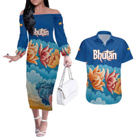 Bhutan Lotus Blossom Couples Matching Off The Shoulder Long Sleeve Dress and Hawaiian Shirt with White Dragon and Sacred Cloud Harmony
