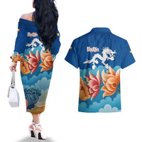Bhutan Lotus Blossom Couples Matching Off The Shoulder Long Sleeve Dress and Hawaiian Shirt with White Dragon and Sacred Cloud Harmony