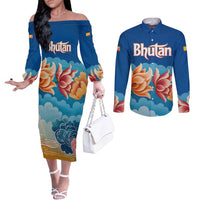 Bhutan Lotus Blossom Couples Matching Off The Shoulder Long Sleeve Dress and Long Sleeve Button Shirt with White Dragon and Sacred Cloud Harmony