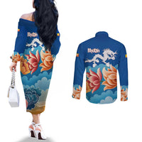 Bhutan Lotus Blossom Couples Matching Off The Shoulder Long Sleeve Dress and Long Sleeve Button Shirt with White Dragon and Sacred Cloud Harmony