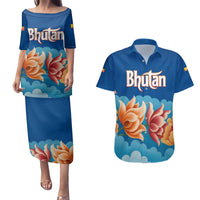 Bhutan Lotus Blossom Couples Matching Puletasi and Hawaiian Shirt with White Dragon and Sacred Cloud Harmony