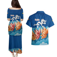 Bhutan Lotus Blossom Couples Matching Puletasi and Hawaiian Shirt with White Dragon and Sacred Cloud Harmony