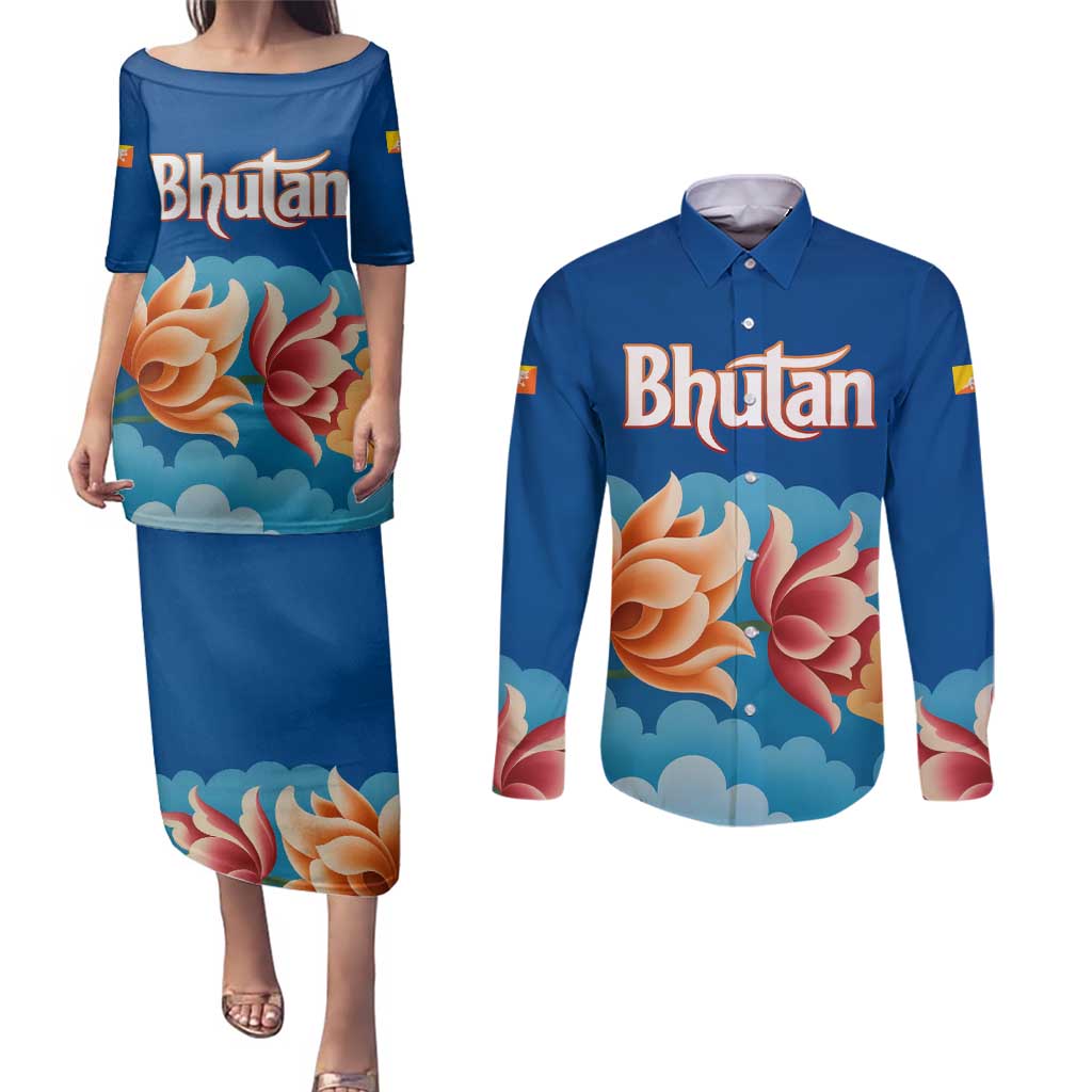 Bhutan Lotus Blossom Couples Matching Puletasi and Long Sleeve Button Shirt with White Dragon and Sacred Cloud Harmony