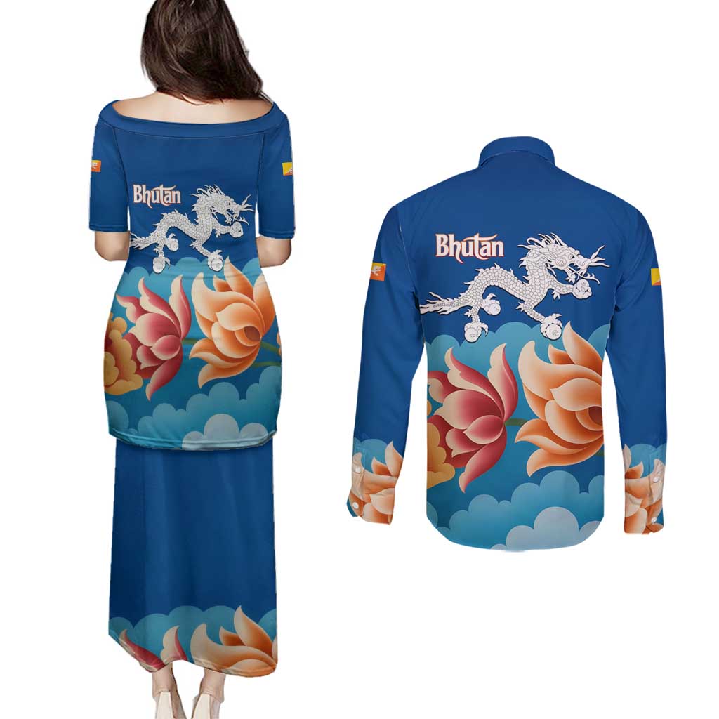 Bhutan Lotus Blossom Couples Matching Puletasi and Long Sleeve Button Shirt with White Dragon and Sacred Cloud Harmony