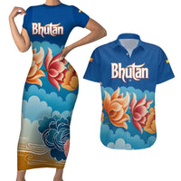 Bhutan Lotus Blossom Couples Matching Short Sleeve Bodycon Dress and Hawaiian Shirt with White Dragon and Sacred Cloud Harmony