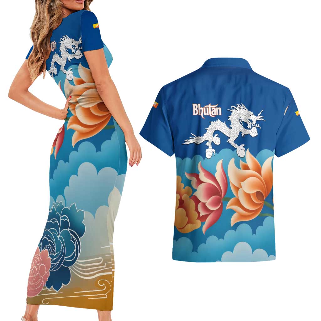 Bhutan Lotus Blossom Couples Matching Short Sleeve Bodycon Dress and Hawaiian Shirt with White Dragon and Sacred Cloud Harmony