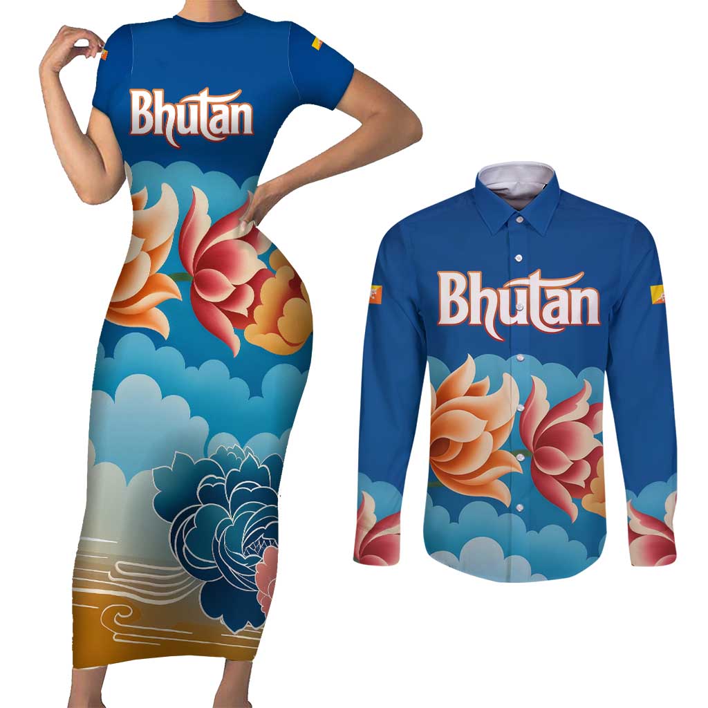Bhutan Lotus Blossom Couples Matching Short Sleeve Bodycon Dress and Long Sleeve Button Shirt with White Dragon and Sacred Cloud Harmony