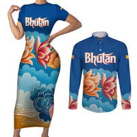 Bhutan Lotus Blossom Couples Matching Short Sleeve Bodycon Dress and Long Sleeve Button Shirt with White Dragon and Sacred Cloud Harmony