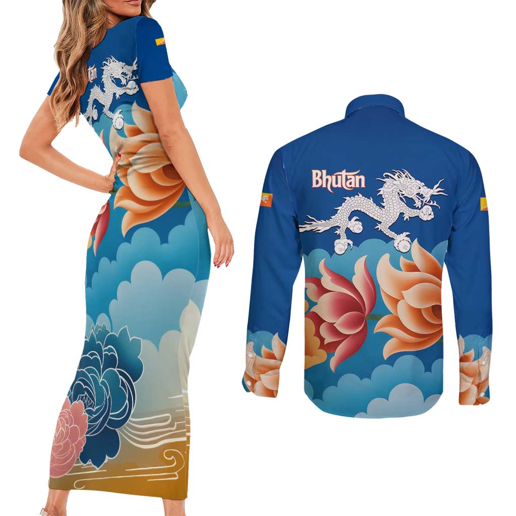 Bhutan Lotus Blossom Couples Matching Short Sleeve Bodycon Dress and Long Sleeve Button Shirt with White Dragon and Sacred Cloud Harmony