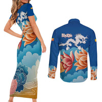 Bhutan Lotus Blossom Couples Matching Short Sleeve Bodycon Dress and Long Sleeve Button Shirt with White Dragon and Sacred Cloud Harmony