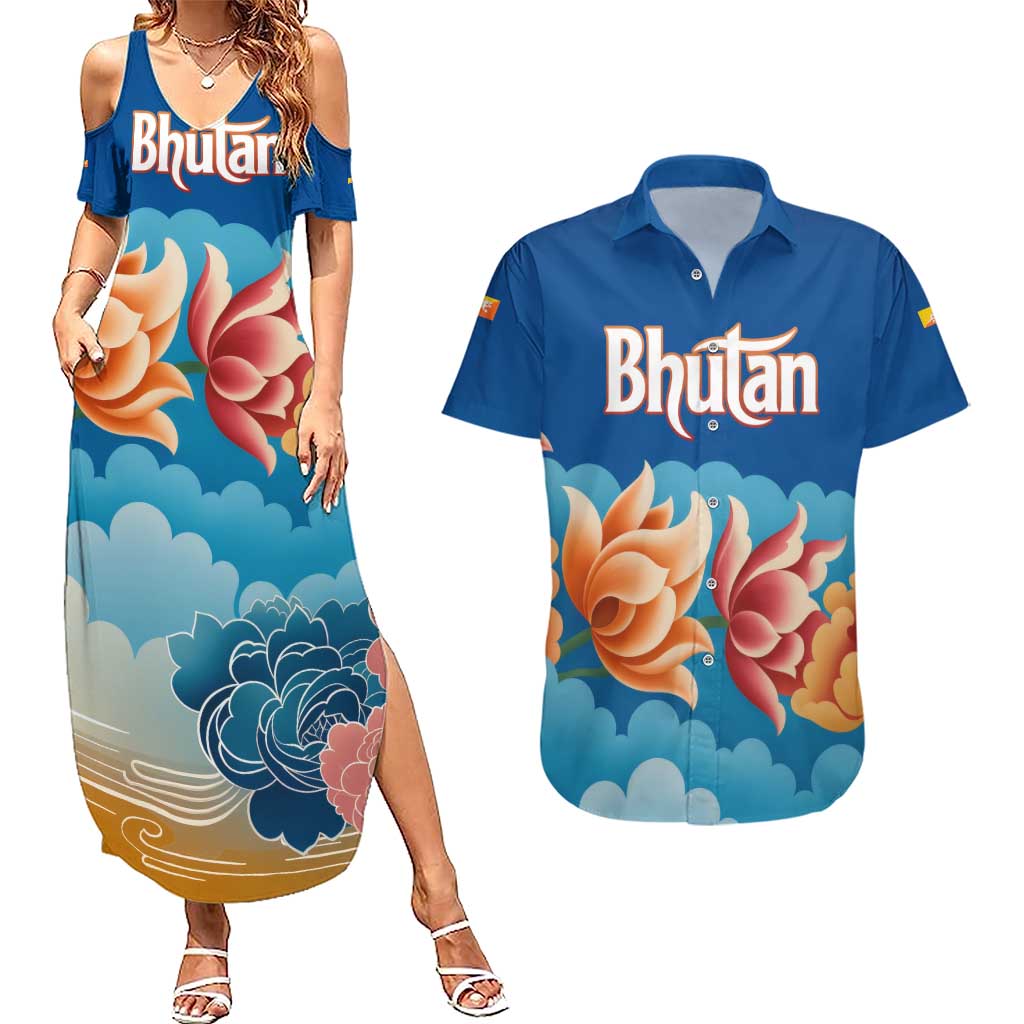 Bhutan Lotus Blossom Couples Matching Summer Maxi Dress and Hawaiian Shirt with White Dragon and Sacred Cloud Harmony