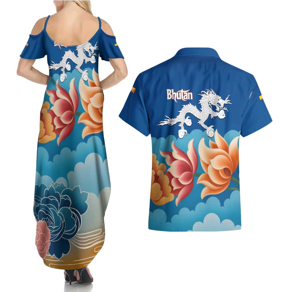Bhutan Lotus Blossom Couples Matching Summer Maxi Dress and Hawaiian Shirt with White Dragon and Sacred Cloud Harmony