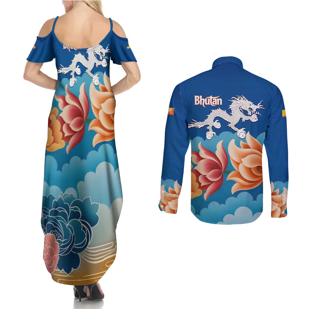 Bhutan Lotus Blossom Couples Matching Summer Maxi Dress and Long Sleeve Button Shirt with White Dragon and Sacred Cloud Harmony
