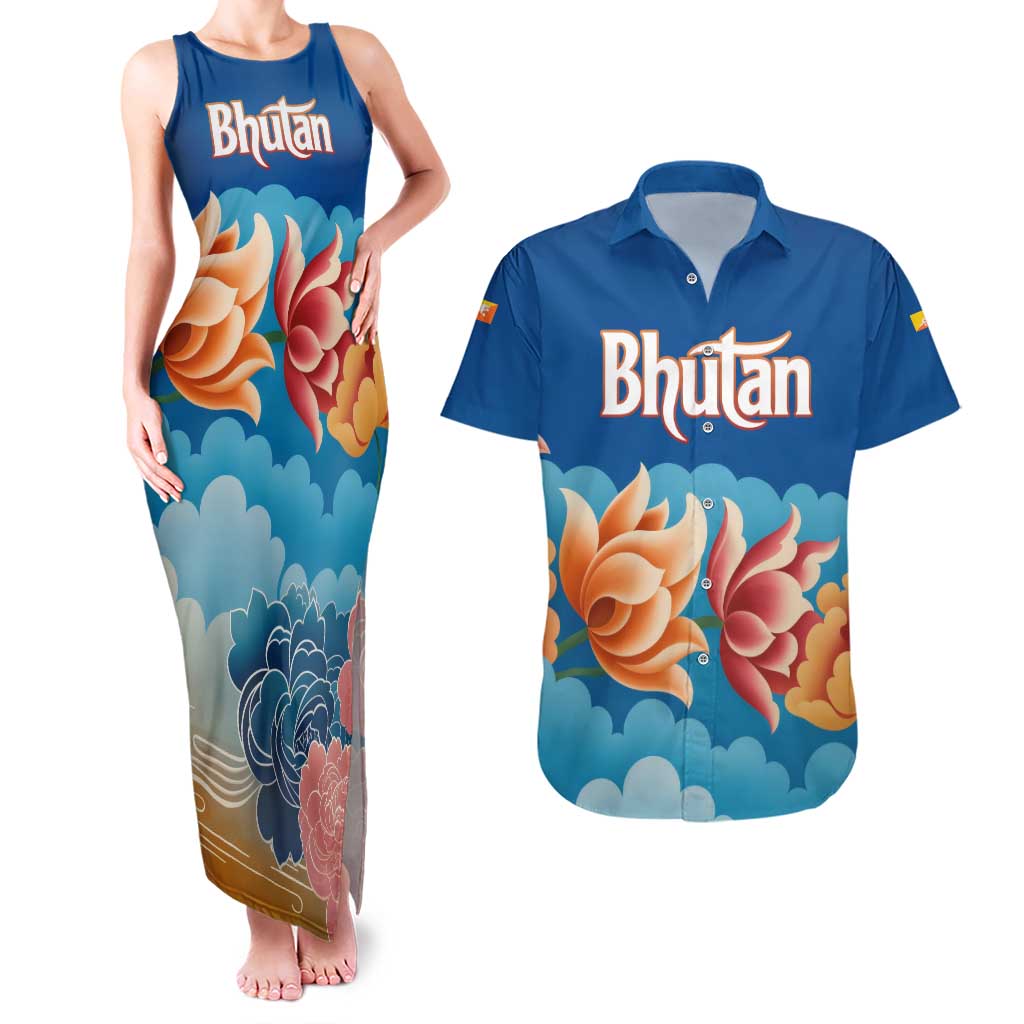 Bhutan Lotus Blossom Couples Matching Tank Maxi Dress and Hawaiian Shirt with White Dragon and Sacred Cloud Harmony
