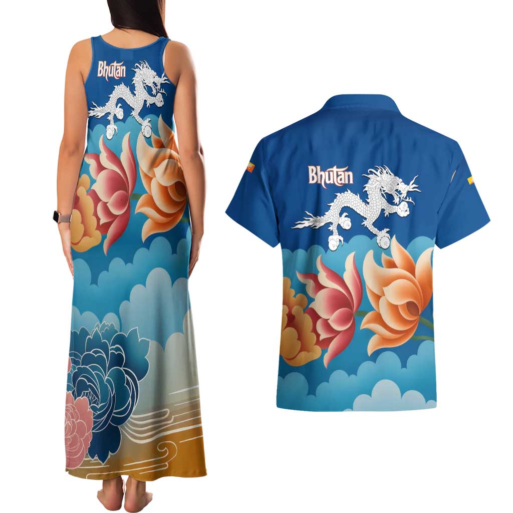 Bhutan Lotus Blossom Couples Matching Tank Maxi Dress and Hawaiian Shirt with White Dragon and Sacred Cloud Harmony