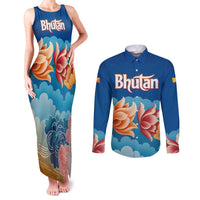 Bhutan Lotus Blossom Couples Matching Tank Maxi Dress and Long Sleeve Button Shirt with White Dragon and Sacred Cloud Harmony