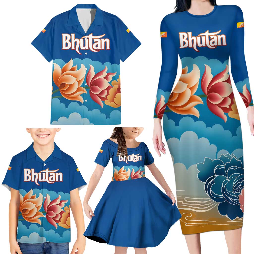 Bhutan Lotus Blossom Family Matching Long Sleeve Bodycon Dress and Hawaiian Shirt with White Dragon and Sacred Cloud Harmony
