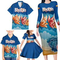 Bhutan Lotus Blossom Family Matching Long Sleeve Bodycon Dress and Hawaiian Shirt with White Dragon and Sacred Cloud Harmony