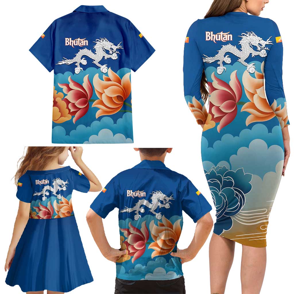 Bhutan Lotus Blossom Family Matching Long Sleeve Bodycon Dress and Hawaiian Shirt with White Dragon and Sacred Cloud Harmony