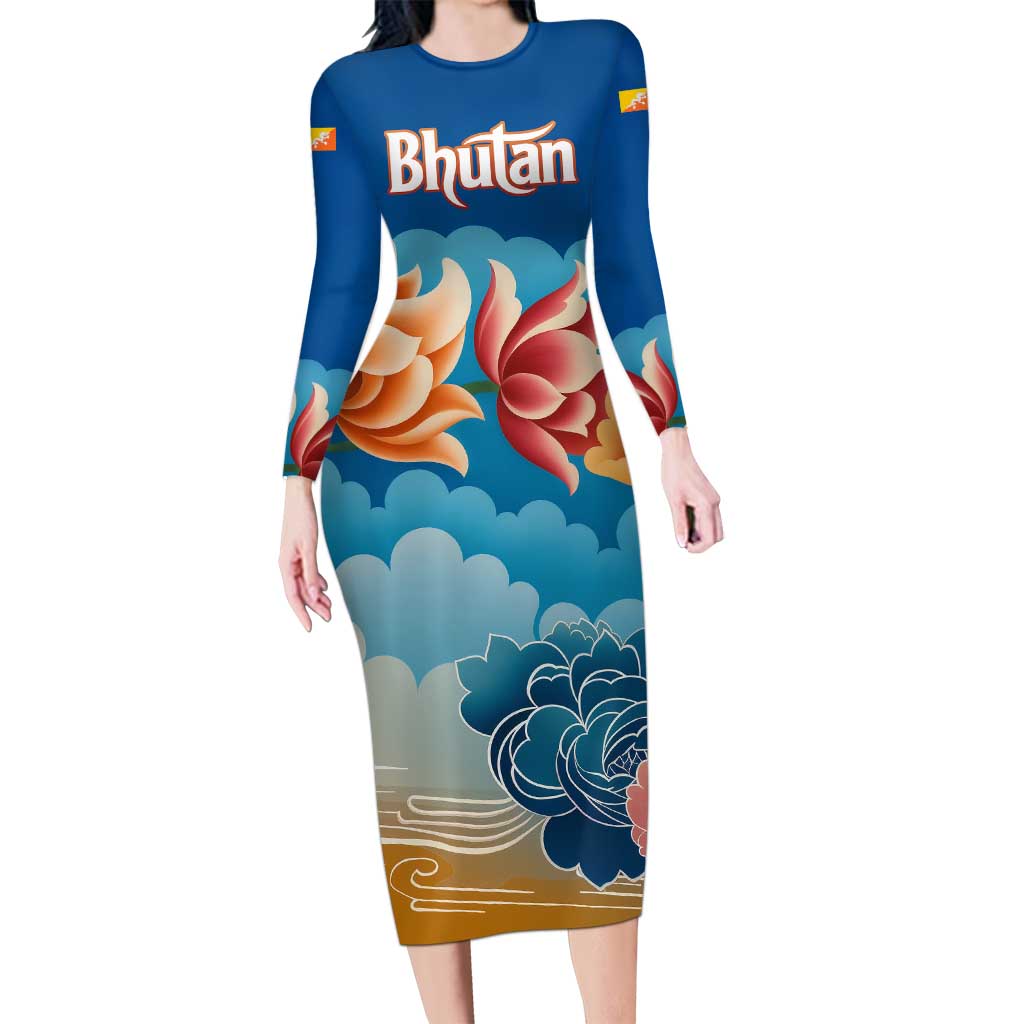 Bhutan Lotus Blossom Family Matching Long Sleeve Bodycon Dress and Hawaiian Shirt with White Dragon and Sacred Cloud Harmony