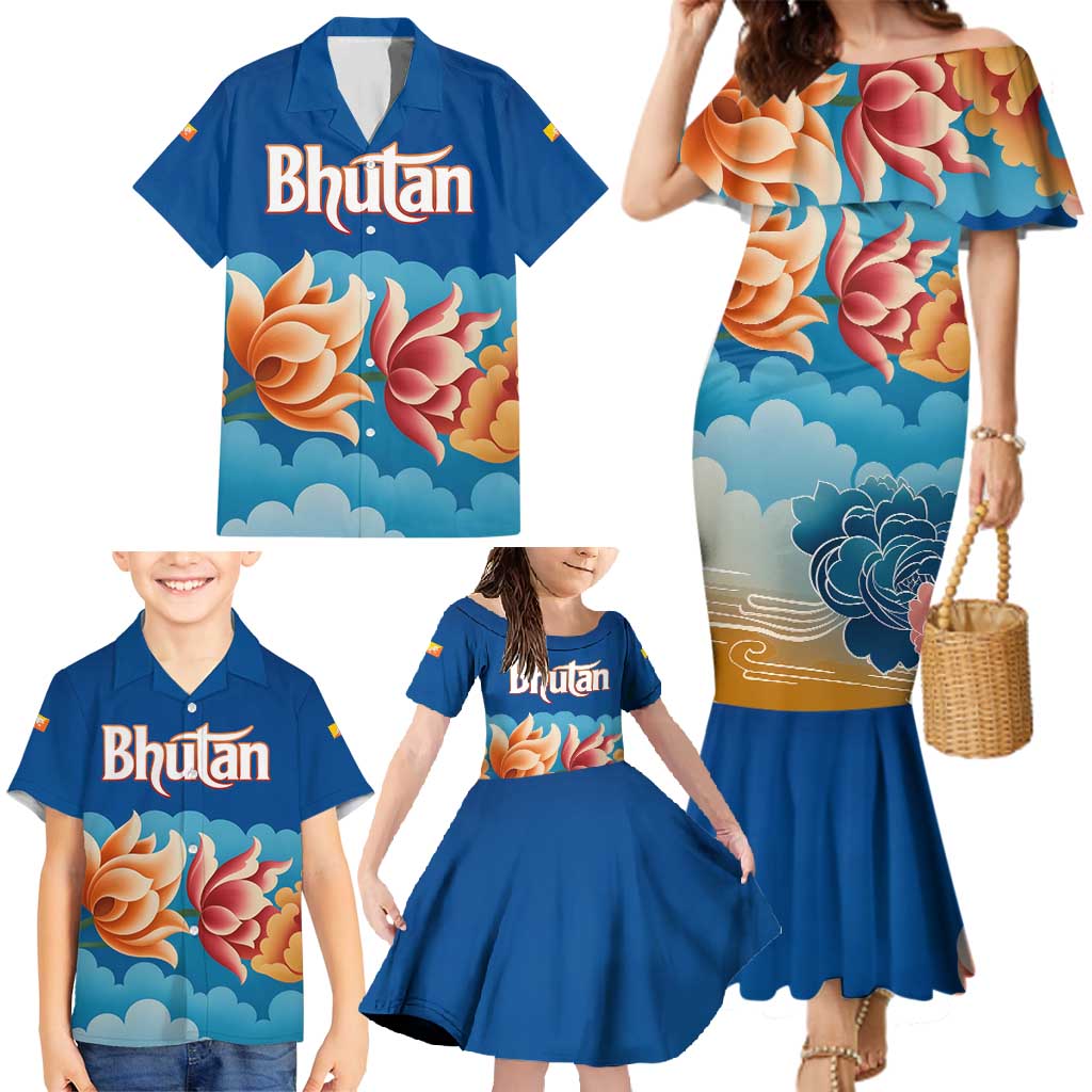 Bhutan Lotus Blossom Family Matching Mermaid Dress and Hawaiian Shirt with White Dragon and Sacred Cloud Harmony