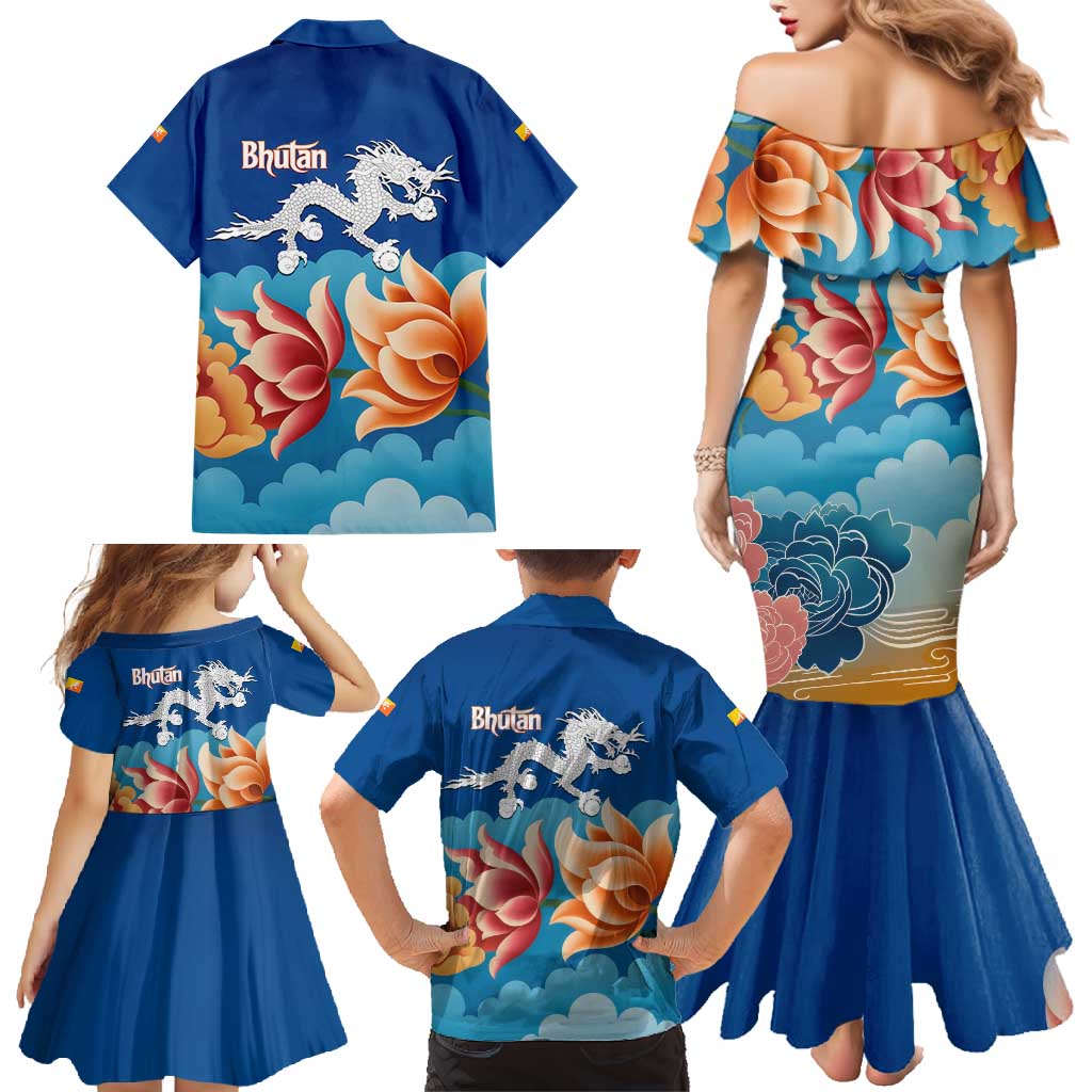Bhutan Lotus Blossom Family Matching Mermaid Dress and Hawaiian Shirt with White Dragon and Sacred Cloud Harmony