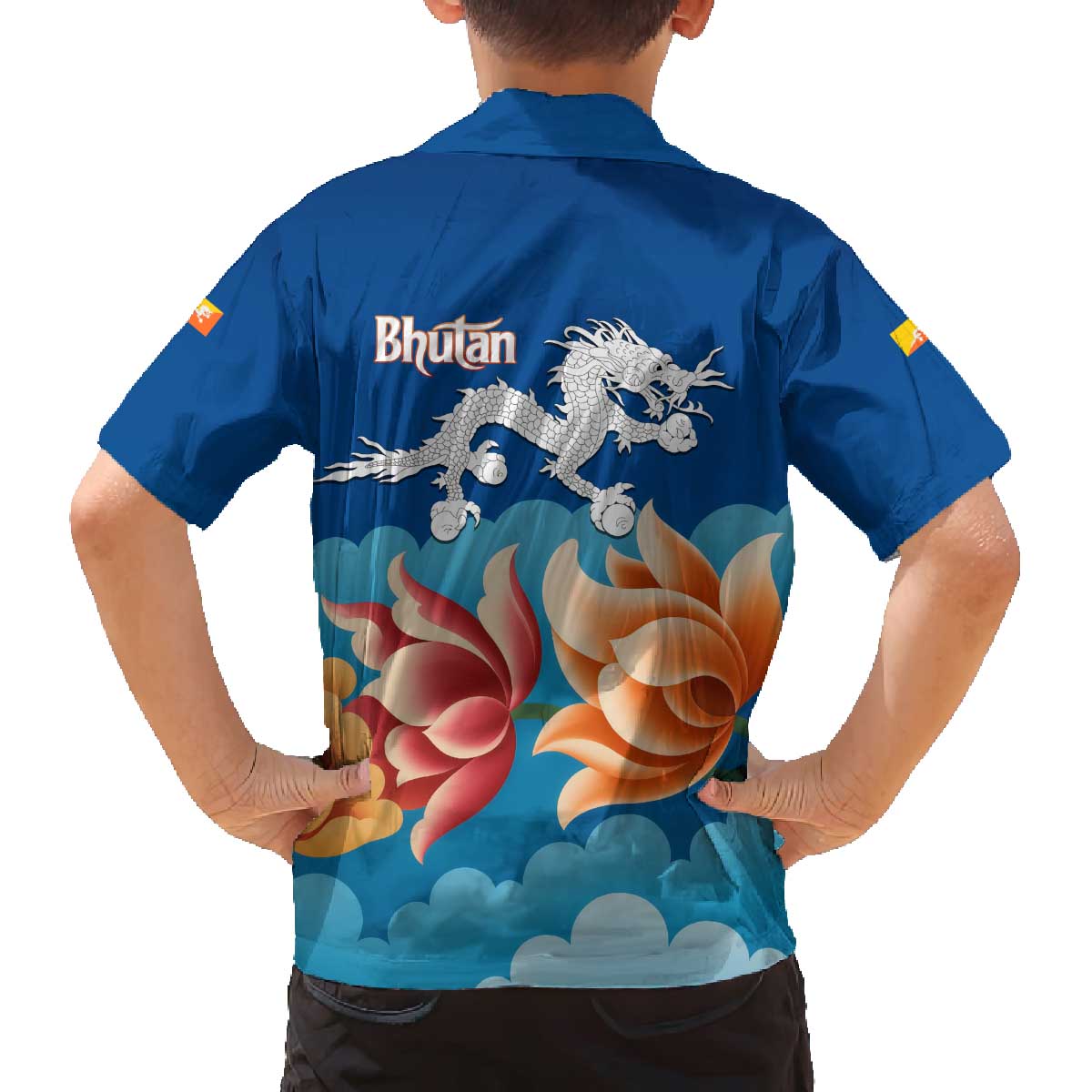 Bhutan Lotus Blossom Family Matching Off The Shoulder Long Sleeve Dress and Hawaiian Shirt with White Dragon and Sacred Cloud Harmony
