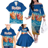 Bhutan Lotus Blossom Family Matching Off The Shoulder Long Sleeve Dress and Hawaiian Shirt with White Dragon and Sacred Cloud Harmony