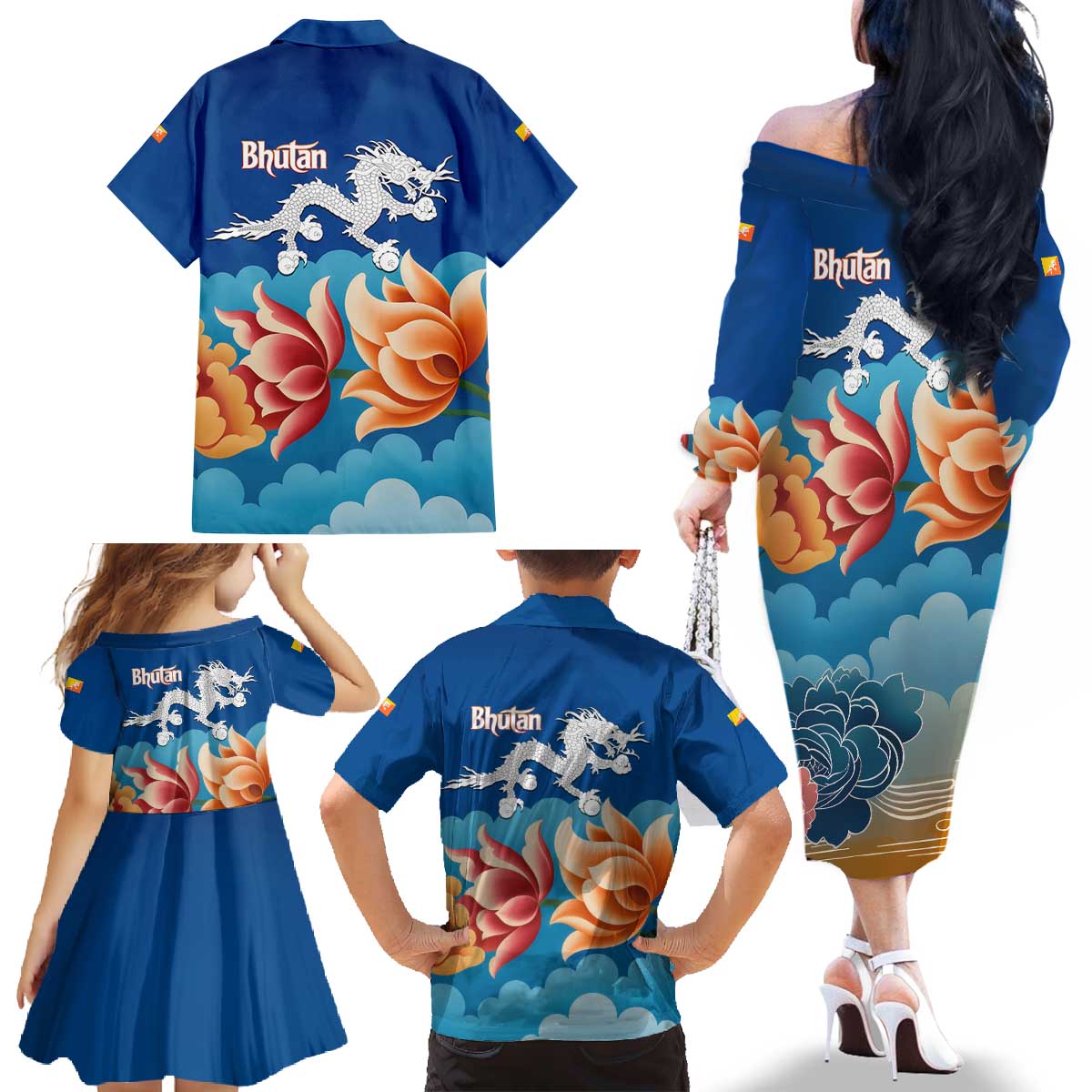 Bhutan Lotus Blossom Family Matching Off The Shoulder Long Sleeve Dress and Hawaiian Shirt with White Dragon and Sacred Cloud Harmony