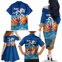 Bhutan Lotus Blossom Family Matching Off The Shoulder Long Sleeve Dress and Hawaiian Shirt with White Dragon and Sacred Cloud Harmony