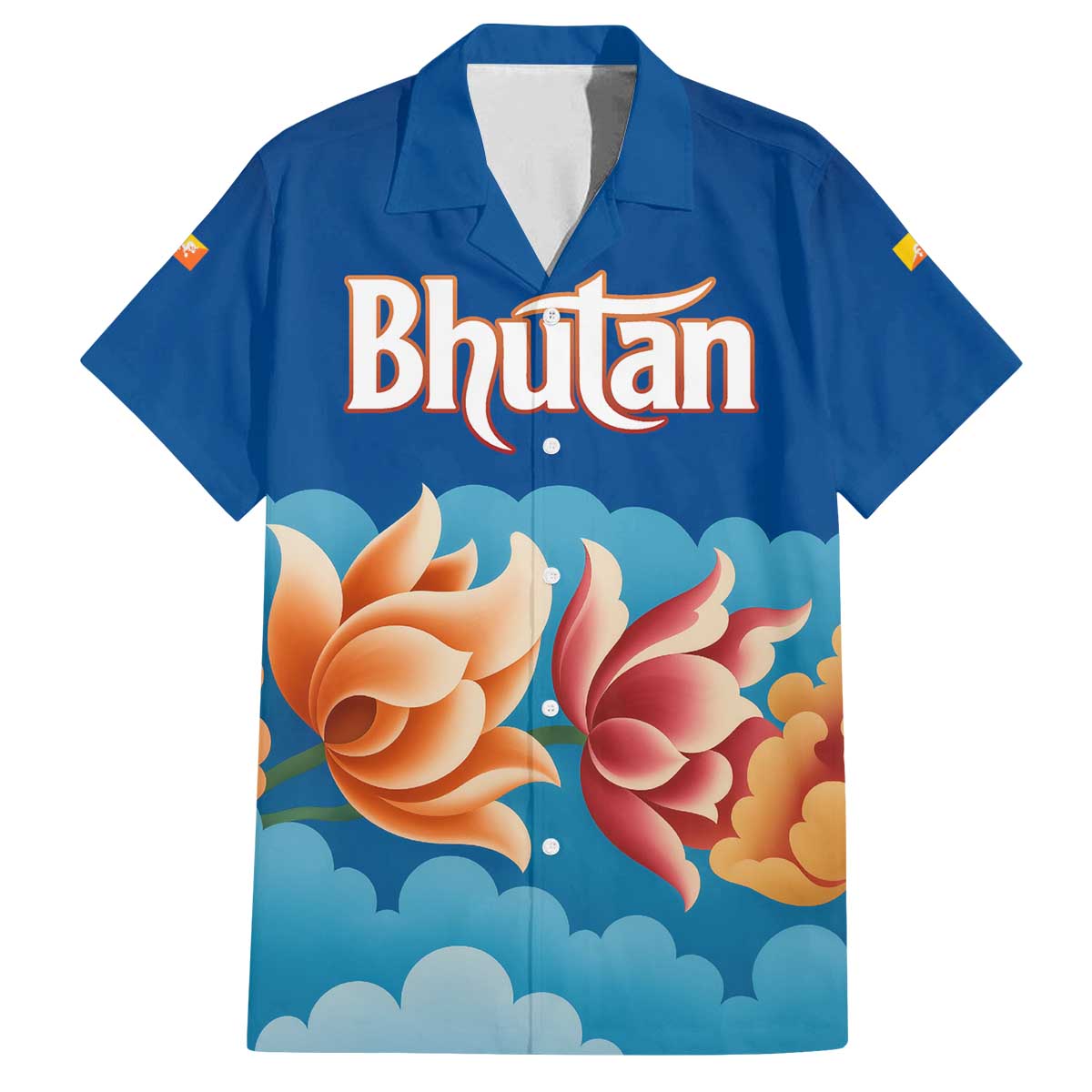 Bhutan Lotus Blossom Family Matching Off The Shoulder Long Sleeve Dress and Hawaiian Shirt with White Dragon and Sacred Cloud Harmony