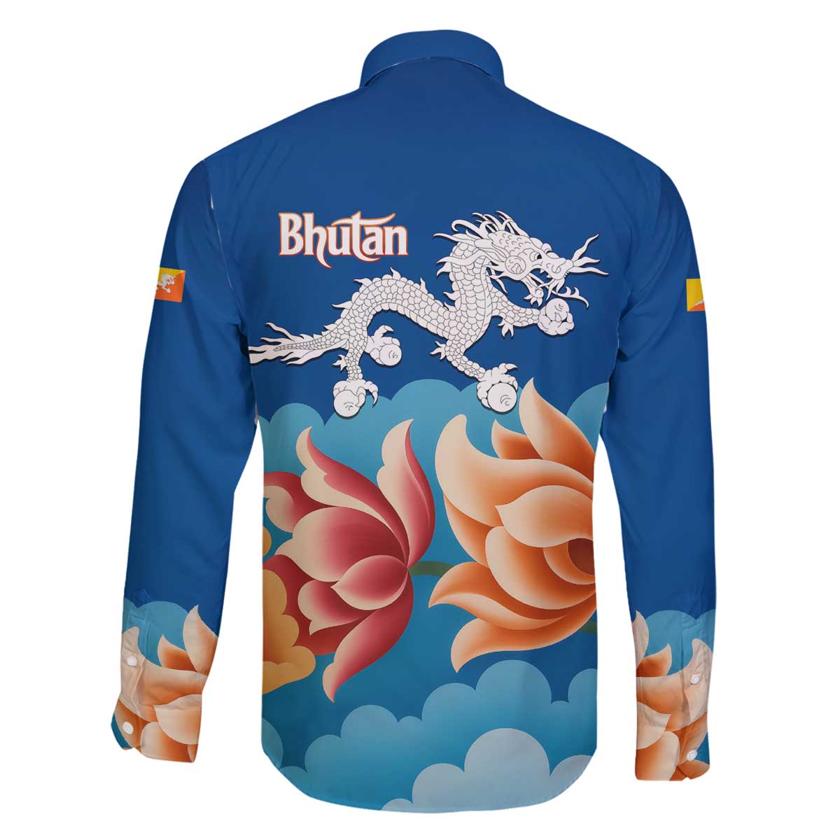 Bhutan Lotus Blossom Family Matching Off The Shoulder Long Sleeve Dress and Hawaiian Shirt with White Dragon and Sacred Cloud Harmony