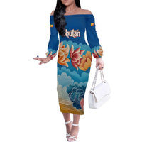 Bhutan Lotus Blossom Family Matching Off The Shoulder Long Sleeve Dress and Hawaiian Shirt with White Dragon and Sacred Cloud Harmony