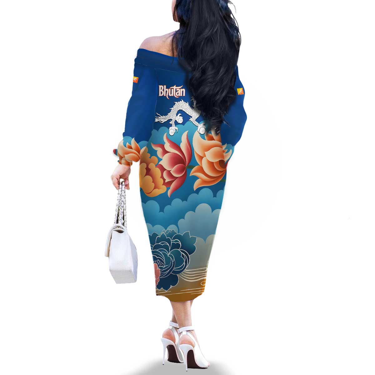 Bhutan Lotus Blossom Family Matching Off The Shoulder Long Sleeve Dress and Hawaiian Shirt with White Dragon and Sacred Cloud Harmony