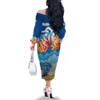 Bhutan Lotus Blossom Family Matching Off The Shoulder Long Sleeve Dress and Hawaiian Shirt with White Dragon and Sacred Cloud Harmony