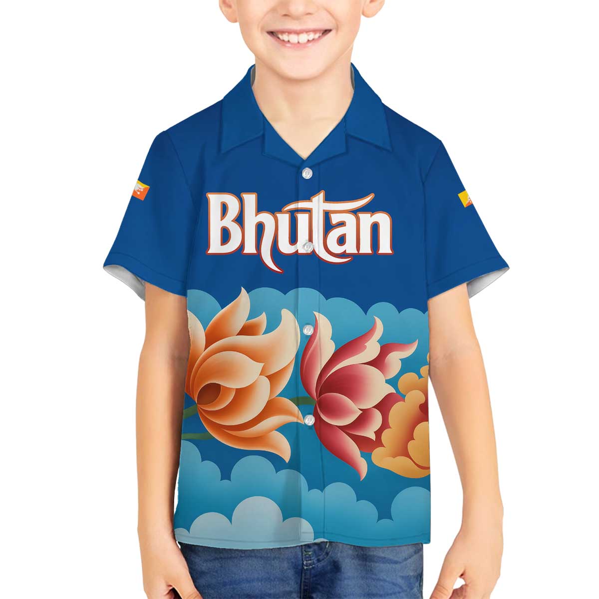 Bhutan Lotus Blossom Family Matching Off The Shoulder Long Sleeve Dress and Hawaiian Shirt with White Dragon and Sacred Cloud Harmony