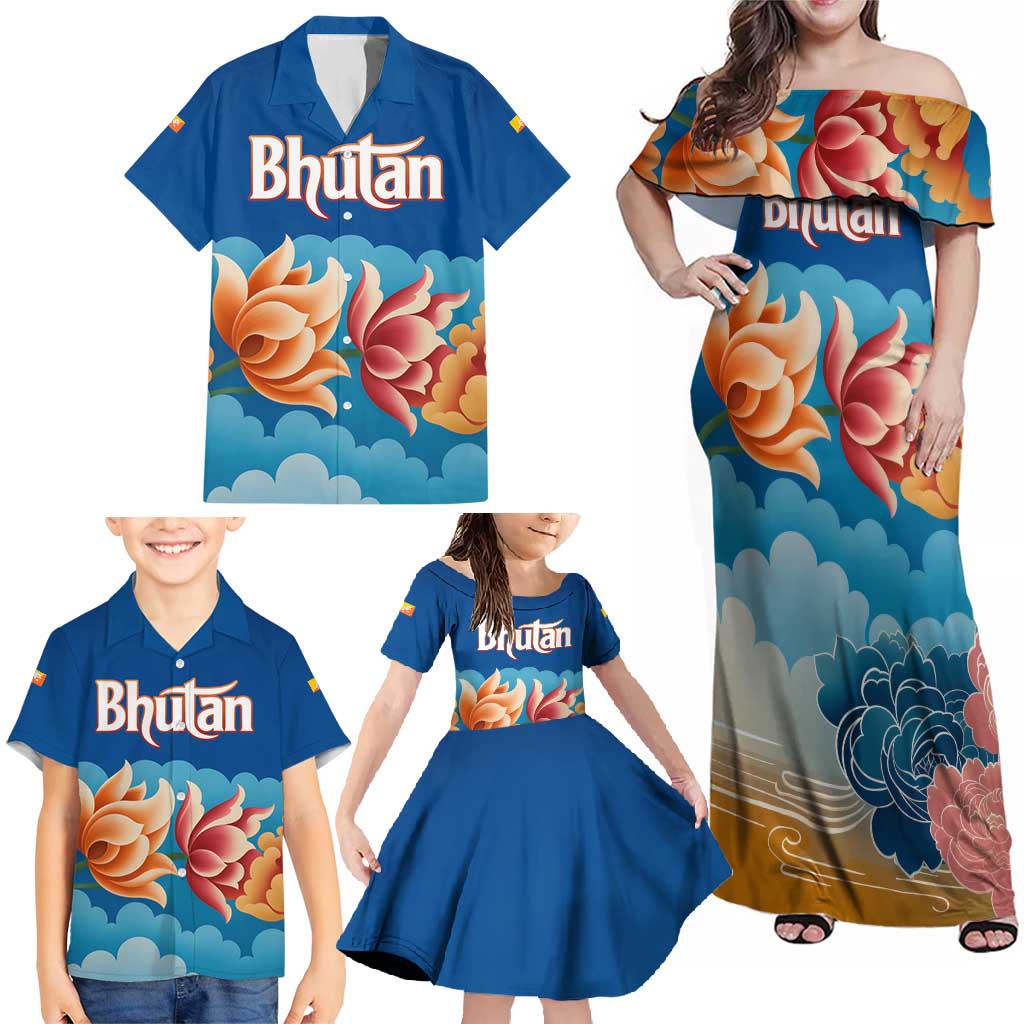 Bhutan Lotus Blossom Family Matching Off Shoulder Maxi Dress and Hawaiian Shirt with White Dragon and Sacred Cloud Harmony