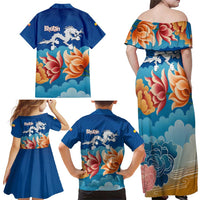 Bhutan Lotus Blossom Family Matching Off Shoulder Maxi Dress and Hawaiian Shirt with White Dragon and Sacred Cloud Harmony