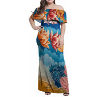 Bhutan Lotus Blossom Family Matching Off Shoulder Maxi Dress and Hawaiian Shirt with White Dragon and Sacred Cloud Harmony