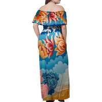Bhutan Lotus Blossom Family Matching Off Shoulder Maxi Dress and Hawaiian Shirt with White Dragon and Sacred Cloud Harmony