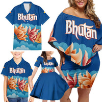 Bhutan Lotus Blossom Family Matching Off Shoulder Short Dress and Hawaiian Shirt with White Dragon and Sacred Cloud Harmony