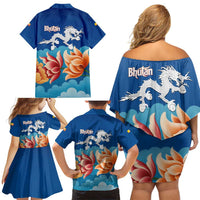 Bhutan Lotus Blossom Family Matching Off Shoulder Short Dress and Hawaiian Shirt with White Dragon and Sacred Cloud Harmony