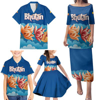 Bhutan Lotus Blossom Family Matching Puletasi and Hawaiian Shirt with White Dragon and Sacred Cloud Harmony